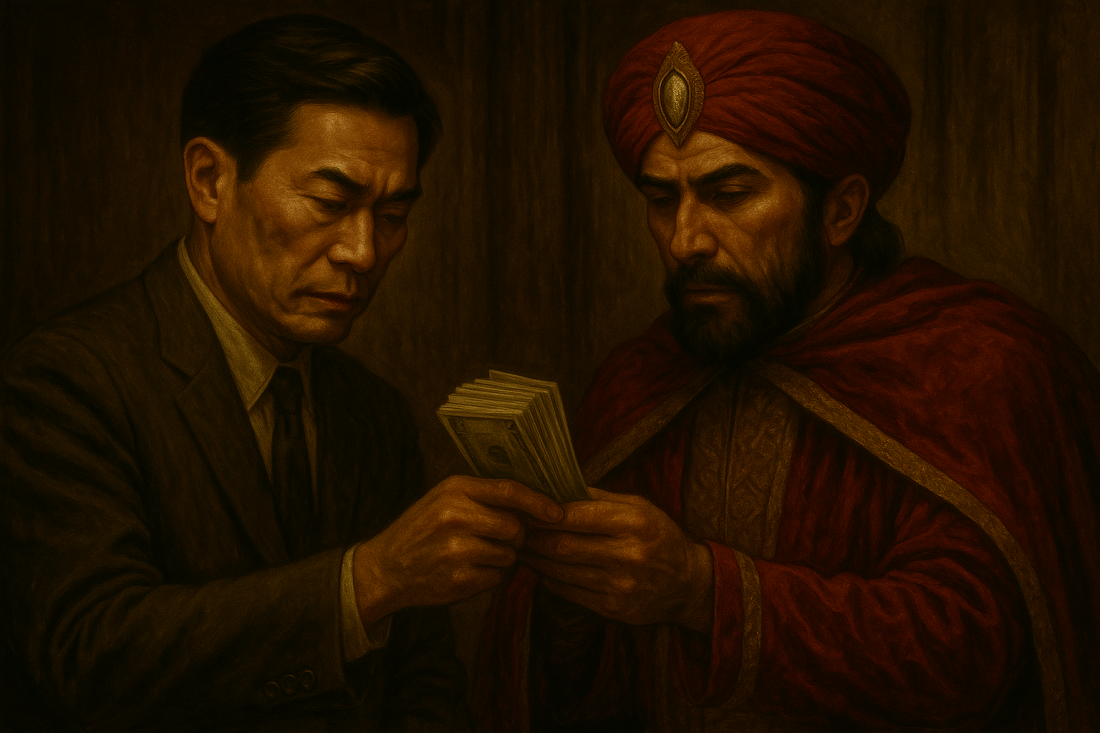 Agent Chang handing Sam The Sham a wad of cash.